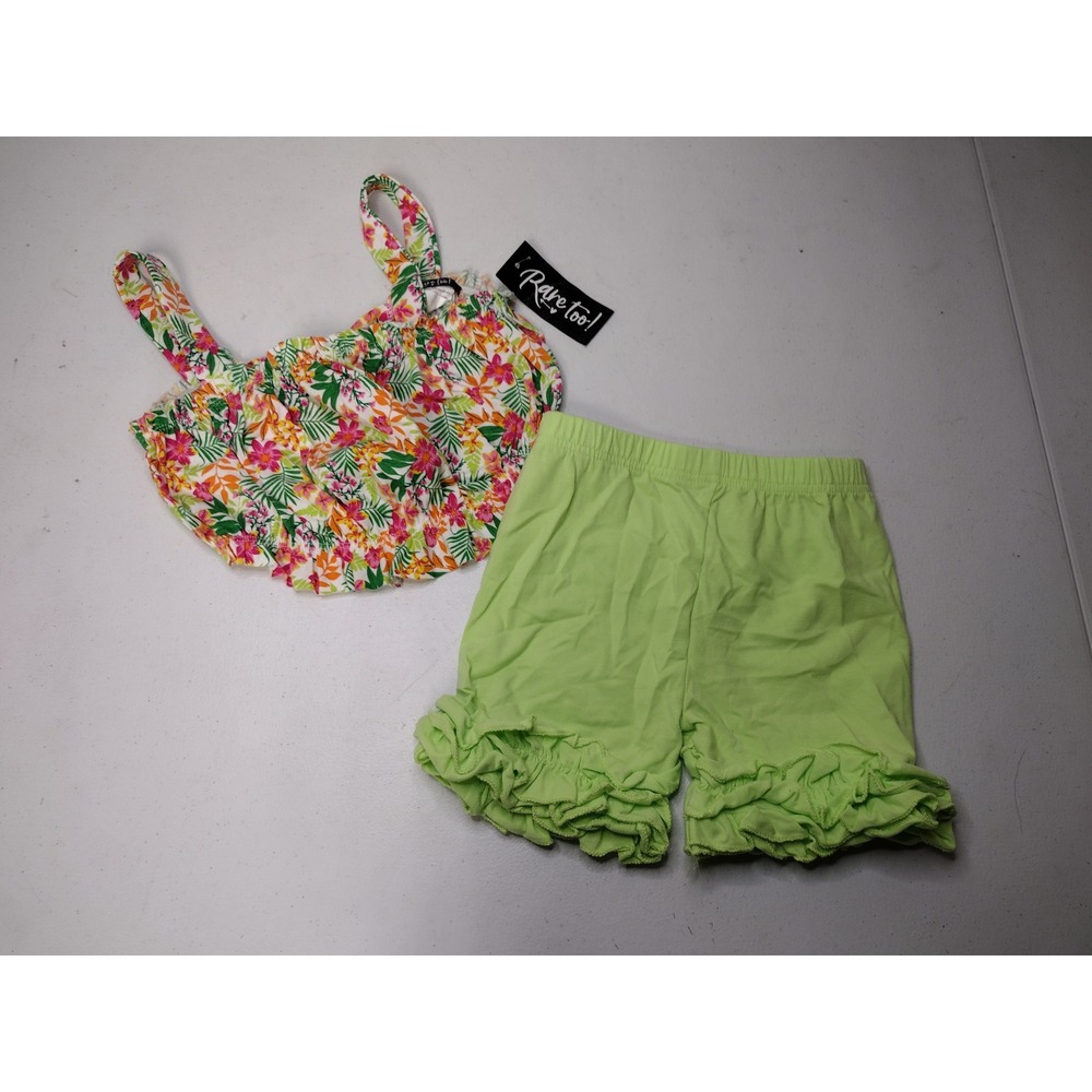 Honey Bean Rare Too Girls Floral Crop Top Lime Green Ruffle Shorts Set Size 6